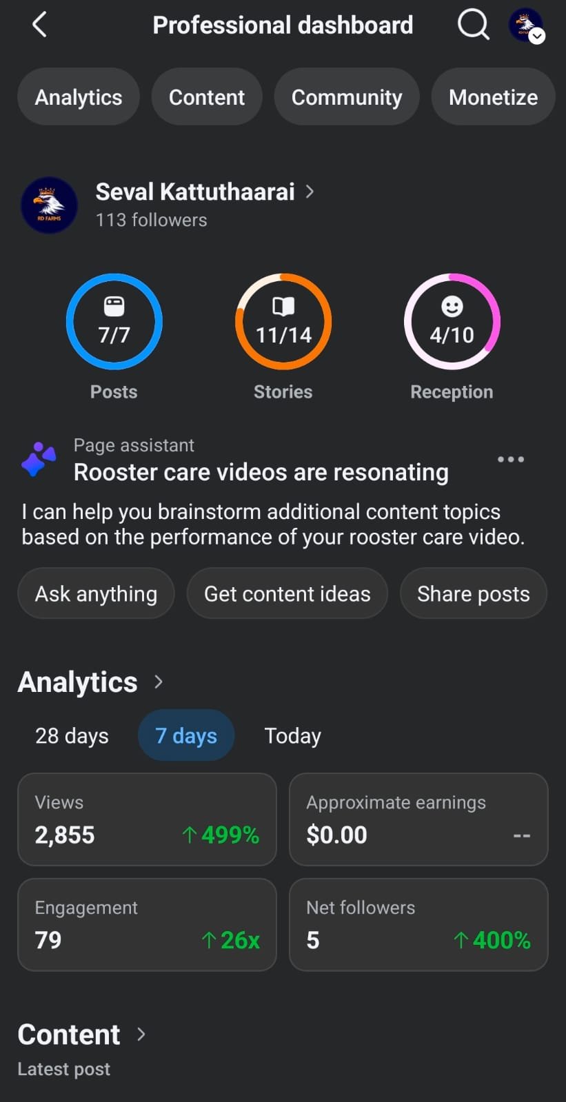 Facebook professional dashboard showing views, engagement and net followers