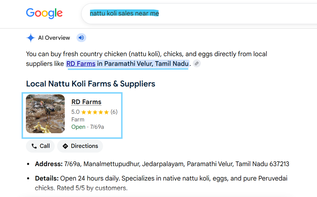 Google search result for nattu koli sales near me